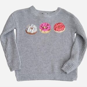 Hooked Up by IOT Gray Sweater with Pink Donut Appliqués